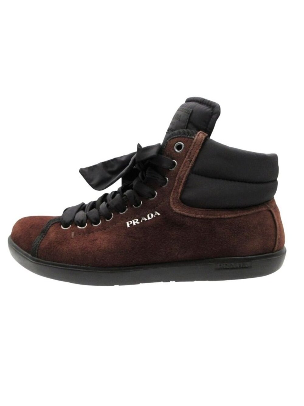 Prada Sneakers Suede Nylon Trim Ribbon Lace-up Shoes Brown